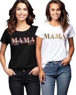 MAMAHUHU Mama Tshirt Weiss mit Kindernamen, Damen T-Shirt Rose Gold Namen, Geschenke für Mutter zum Geburtstag Muttertag Spruch Kleidung Urlaub Rosegold EST 2022 Frauen Bio Baumwolle, Einheitsgröße von MAMAHUHU