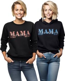 Mama Kapuzenpullover Schwarz mit Kindernamen, Damen Pullover Sweatshirt mit Kapuze, Hoodie Pulli mit Motiv Druck 2 3 Kinder Namen Gold Glitzer, Winter Kleidung Outfit Oberteil für Frauen Bio Baumwolle von MAMAHUHU