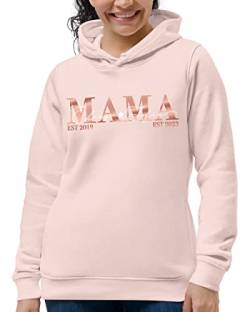 Mama Pullover Rosa mit Kapuze Kindernamen, Damen Hoodie Kapuzenpullover Pink Elegant Herbst Winter Aufdruck Motiv 2 3 Kinder Namen Sweater Frau Druck Print Rosegold Glitzer Gold Kleidung Bio Baumwolle von MAMAHUHU