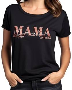 Mama Tshirt schwarz personalisiert mit 2 Kindernamen für beste cool Mama, Damen T-Shirt 3 Kinder Namen est 2024, Geschenk zum Muttertag Weihnachten Geburtstag, Mutter Frauen Kleidung Top Bio Baumwolle von MAMAHUHU