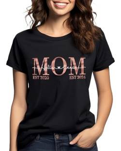 Mom Tshirt schwarz personalisiert mit 3 Kindernamen, Damen T-Shirt 2 Namen von Kinder est 2024 für Liebe Mom, Geburtstagsgeschenk Muttertagsgeschenk Oberteil Outfit Bio Baumwolle von MAMAHUHU