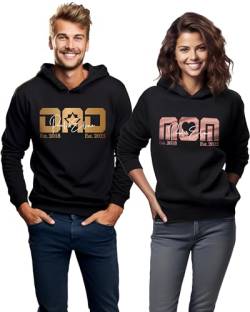 Mom und Dad Pullover Set mit 3 Kindernamen, Damen & Herren Hoodie Pulli Kapuze Kapuzenpullover mit 2 Kinder Namen für Familien Partner look, Geschenk zum Muttertag Vatertag Weihnachten Geburtstag von MAMAHUHU