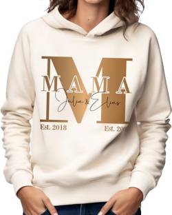 Pullover mit Kapuze Damen personalisiert mit 3 Kindernamen Geschenk für beste Mama, Mom Hoodie Pulli mit 2 Kinder Namen Familien, Kapuzenpullover Kleidung Oberteil Frauen weiss schwarz Bio Baumwolle von MAMAHUHU