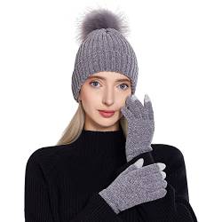 MAMUNU Damen Wintermütze Touchscreen Handschuhe Set, Strickmütze Beanie Mütze Warme Wintermütze mit Kunstpelz Bommel von MAMUNU