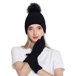 MAMUNU Damen Wintermütze Touchscreen Handschuhe Set, Strickmütze Beanie Mütze Warme Wintermütze mit Kunstpelz Bommel von MAMUNU