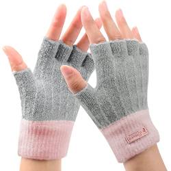 MAMUNU Fingerlose Handschuhe für Damen, Winter, warm, gestrickt, fingerlose Handschuhe, Halbfinger, Handschuhe für Frauen, kaltes Wetter, Outdoor, Skifahren, Arbeiten, Pink Grau, One size von MAMUNU