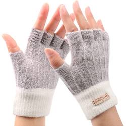 MAMUNU Fingerlose Handschuhe für Damen, Winter, warm, gestrickt, fingerlose Handschuhe, Halbfinger, Handschuhe für Frauen, kaltes Wetter, Outdoor, Skifahren, Arbeiten, Weiß/Grau, One size von MAMUNU