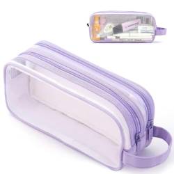 MAMUNU Mesh Pencil Case, Large Transparent Pencil Case with 2 compartments and Zipper, Clear Pencil Case Stationery Pouch for School College Home Office, Exam Pencil Case for Kids Boys Girls, violett, von MAMUNU