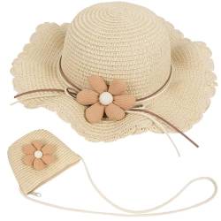 MAMUNU Strohhut und Kleine Tasche Set, Mädchen Kinder Sommer Sonnenhut, Strandmütze Kinder mit Blumendekoration für den Urlaub Reise Outdoor-Aktivitäten (Style02 Beige) von MAMUNU