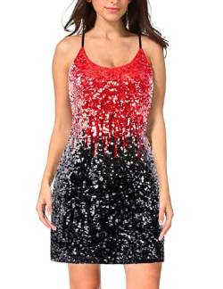 MANER Damen Glitzer Pailletten Kleid Verstellbare Spaghettiträger Funkeln Partykleider, Rot/Schwarz, Groß von MANER