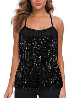 MANER Damen Pailletten Fransen Top Sparkly Party Tank Top Quaste Trim Cami, Schwarz, Klein von MANER