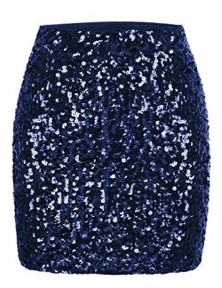 MANER Damen Pailletten Rock Glitzer Stretchy Bodycon Mini Rock Night Out Party, Marineblau, Mittel von MANER