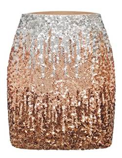 MANER Damen Pailletten Rock Glitzer Stretchy Bodycon Mini Rock Night Out Party, Silber/Roségold/Kaffee, Mittel von MANER