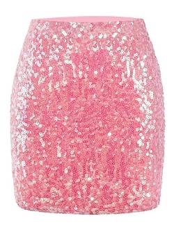 MANER Damen Pailletten Rock Sparkle Stretchy Bodycon Mini Röcke Night Out Party, Pink, X-Groß von MANER