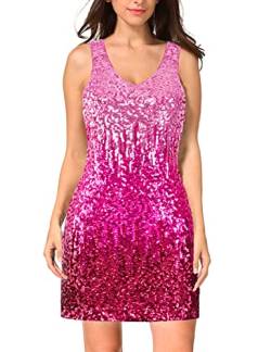 MANER Damen V Ausschnitt Gradient Pailletten Kleid Sparkle Glitter Bodycon Club Party Tank Kleider, Hellrosa / Rose Rot, Klein von MANER