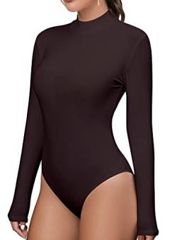 MANGDIUP Body für Frauen Stehkragen Langarm Tops Slim Fit Basic Stretch Weicher Body Jumpsuit, braun, M von MANGDIUP