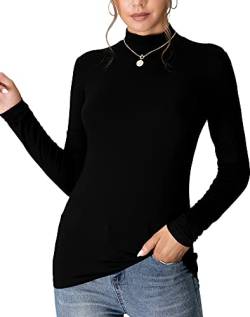 MANGDIUP Damen Mock Rollkragen Langarm Pullover Tops Slim Fit Basic Leicht Weich T-Shirts, schwarz, X-Klein von MANGDIUP