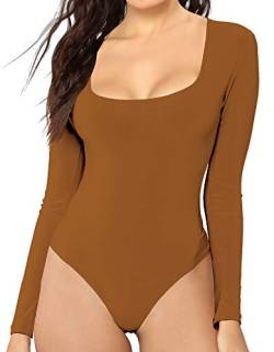 MANGDIUP Damen U-Ausschnitt Langarm Basic Bodys Jumpsuits, CAMEL, M von MANGDIUP