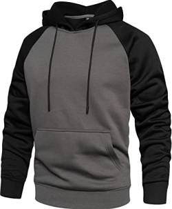 Hoodie Herren Raglan Hoody Farbblock Hoodies Langarm Kapuzenpullover Long Sleeve Streetwear Urban Pullover Unisex Casual Dunkelgrau+Schwarz S von MANLUODANNI