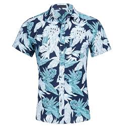 MANLUODANNI Herren Blumen Button down Kurzarm Baumwolle Hawaii Hemden Hawaiihemd Sommerhemd Kurzarmhemd für Urlaub Beach Aloha Dunkelblau Grün S von MANLUODANNI