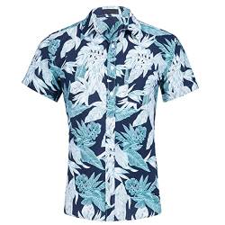 MANLUODANNI Herren Blumen Button down Kurzarm Baumwolle Hawaii Hemden Hawaiihemd Sommerhemd Kurzarmhemd für Urlaub Beach Aloha Dunkelblau Grün XXL von MANLUODANNI