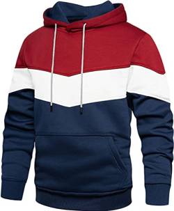 MANLUODANNI Herren Farbblock Hoodie, Männer Freizeit Pullover mit Kapuze Kapuzenpullover Fleece Hoodies Hoody Warm Sweatshirt Langarm Rot+Dunkelblau XL von MANLUODANNI