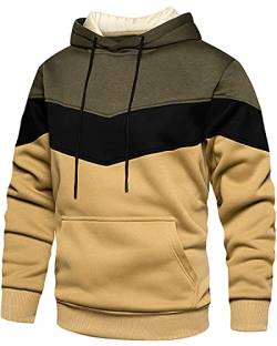 MANLUODANNI Herren Hoodie, Herren Kapuzenpullover Patchwork Pullover mit Kapuze Casual Sweatshirt Classic Farbabstimmung Rundhals Armeegrün Khaki M von MANLUODANNI