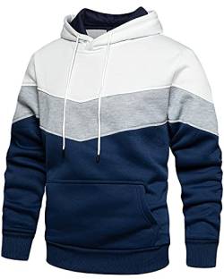 MANLUODANNI Herren Hoodie, Kapuzenpullover Herren Schlichter Fleece Pullover mit Kapuze Casual Sweatshirt Classic Farbabstimmung Patchwork Weiß Blau M von MANLUODANNI