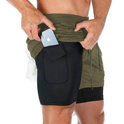 MANLUODANNI Herren Running Shorts, Herren 2 in 1 Laufshorts Fitness Sporthose Kurz Jogginghose Schnelltrocknende Laufhose Mit Taschen Reißverschlussfach Armeegrün 2XL von MANLUODANNI