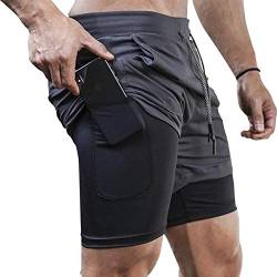 MANLUODANNI Herren Running Shorts, Herren 2 in 1 Laufshorts Fitness Sporthose Kurz Jogginghose Schnelltrocknende Laufhose Mit Taschen Reißverschlussfach Dunkelgrau 3XL von MANLUODANNI