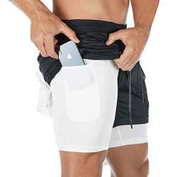 MANLUODANNI Herren Running Shorts, Herren 2 in 1 Laufshorts Fitness Sporthose Kurz Jogginghose Schnelltrocknende Laufhose Mit Taschen Reißverschlussfach Schwarz 2XL von MANLUODANNI