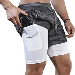 MANLUODANNI Herren Running Shorts, Herren 2 in 1 Laufshorts Fitness Sporthose Kurz Jogginghose Schnelltrocknende Laufhose Mit Taschen Reißverschlussfach Tarnung grau L von MANLUODANNI