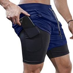 MANLUODANNI Herren Running Shorts, Herren 2 in 1 Laufshorts Fitness Sporthose Kurz Jogginghose Schnelltrocknende Laufhose mit Kompressionsshorts und Taschen Reißverschlussfach Marine XL von MANLUODANNI