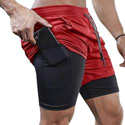 MANLUODANNI Herren Running Shorts, Herren 2 in 1 Laufshorts Fitness Sporthose Kurz Jogginghose Schnelltrocknende Laufhose mit Kompressionsshorts und Taschen Reißverschlussfach Rot 2XL von MANLUODANNI