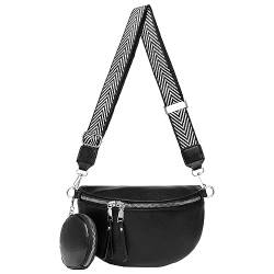 MANNUOSI bauchtasche damen Leder Crossbody Bag Damen Umhängetasche Damen Breiter gurt Geldbörse Schultertaschen Mode Hüfttaschen Klein Moderne Breitem Schultergurt Schwarz von MANNUOSI