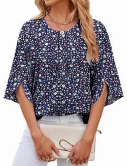 Mansy Damen-Blusen, elegant, lässig, plissiert, U-Ausschnitt, 3/4-Ärmel, Sommer, Büro, Arbeit, Chiffon-Shirt, Tops, Marineblau mit Blumenmuster, XX-Large von MANSY