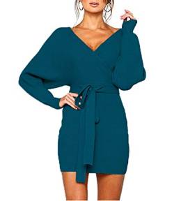 Mansy Damen Sexy Cocktail Batwing Langarm Rückenfrei Mock Wrap Strickpullover Minikleid, Denim Blau, Klein von MANSY