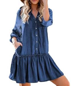 MANYMANY Blaues Jeanskleid für Damen, langärmlig, schwingendes Denim-Hemdkleid, Babydoll-Stufen-Minikleid von MANYMANY
