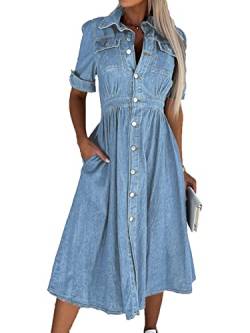 MANYMANY Damen Blue Denim Hemd Kleid Anklanghalterbutton Down Flowy Stufe Kleid Plissee Jean Denim Kleid von MANYMANY