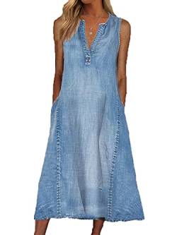MANYMANY Damen Jeanskleid Blau V-Ausschnitt äRmellos Langes Jeanskleid Knielang von MANYMANY