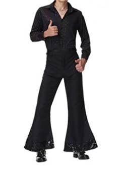 MANYMANY Frauen Erwachsene 70er Jahre Disco Kostüm Männer Schwarzes Disco Hemd und Ausgestellte Disco Hose Nachtfieber Kostüm Outfits Set Größe M XL von MANYMANY