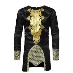 MANYMANY Herren -afrikanisches Golddruckhemd, Herren -Metallic Gold Dashiki -Hemden, schwarz von MANYMANY