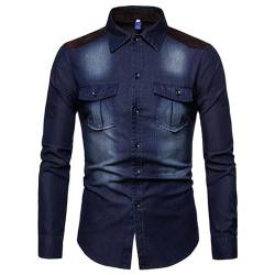 MANYMANY Jeanshemden für Herren Western-Jeanshemd Button-Down-Jeanshemden Blau gewaschenes, Geripptes Jeanshemd Größe M-3XL von MANYMANY