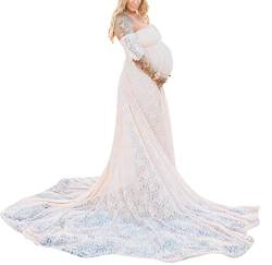 MANYMANY Umstandskleider für Fotoshooting Frauen Schwangere Spitze trägerloses Kleid Schulterfreies Brautkleid mit Rüschenärmeln von MANYMANY