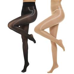 MANZI 2 Paar Glanzstrumpfhosen Damen Sexy Seidenglatt Feinstrumpfhose 15 Den transparent reißfest Schwarz und Natur,L-XL von MANZI