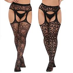 MANZI 2 Paar Strapstrümpfe für Damen Große Größen Sexy Muster Strumpfhosen Elastisch Schwarz Halterlose Netzstrümpfe,Camellia & Round von MANZI