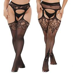 MANZI 2 Paar Strapstrümpfe für Damen Große Größen Sexy Muster Strumpfhosen Elastisch Schwarz Halterlose Netzstrümpfe,Diamond & Irregular von MANZI