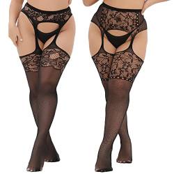 MANZI 2 Paar Strapstrümpfe für Damen Große Größen Sexy Muster Strumpfhosen Elastisch Schwarz Halterlose Netzstrümpfe,Flower & Irregular von MANZI