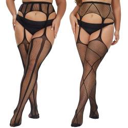 MANZI 2 Paar Strapstrümpfe für Damen Große Größen Sexy Muster Strumpfhosen Elastisch Schwarz Halterlose Netzstrümpfe,Vertical&Cross von MANZI