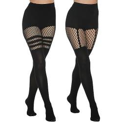 MANZI Netzstrumpfhosen Damen Schwarz Blickdichte Overknee Strümpfe Fischnetz Strumpfhose mit Muster 2 Paar,Suspender+Striped von MANZI